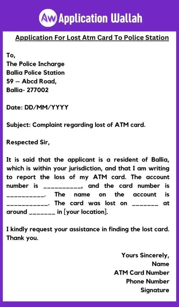 Application For Lost Atm Card To Police Station format