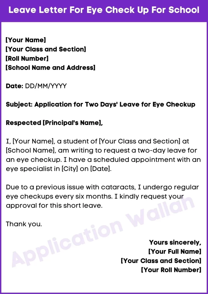 Leave Letter For Eye Check Up For School