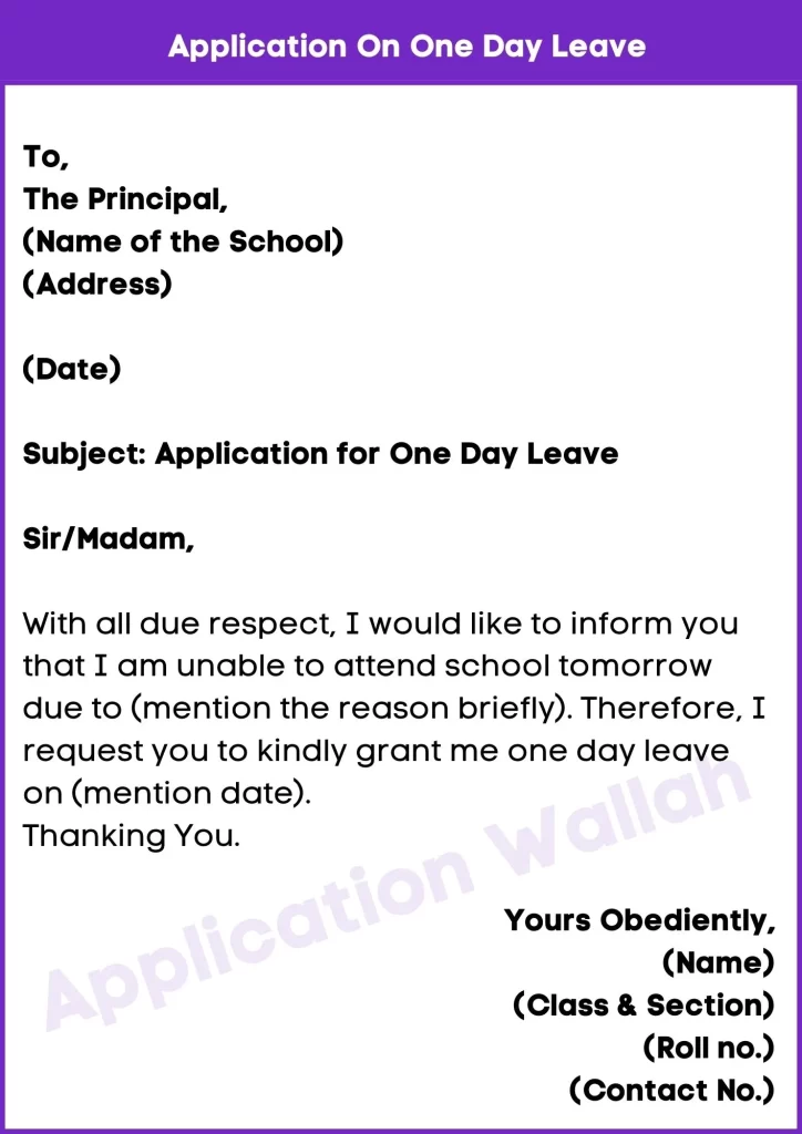 Application On One Day Leave